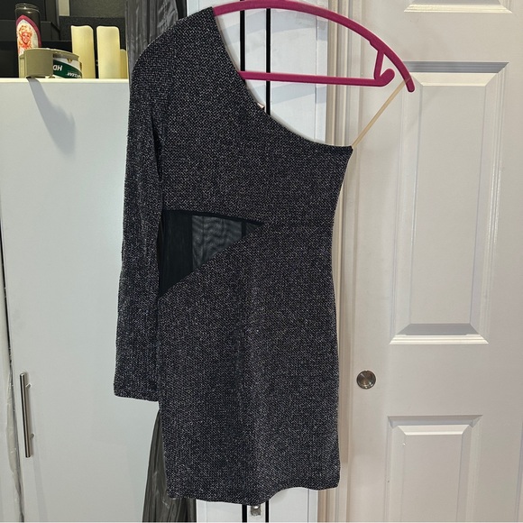 Sexy One Shoulder Black Metallic Mini Dress Bodycon Club Sheer Mesh Cut Out XS - Picture 4 of 7
